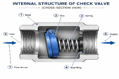 Cross-section view of check valve internal structure with labeled parts - body, disc, spring, seal ring, inlet, outlet and flow arrow Cross-section view of check valve internal structure with labeled parts - body, disc, spring, seal ring, inlet, outlet and flow arrow