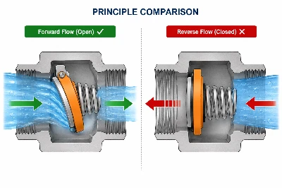 Check valve working principle comparison - forward flow open with green arrow and reverse flow closed with red arrow Check valve working principle comparison - forward flow open with green arrow and reverse flow closed with red arrow