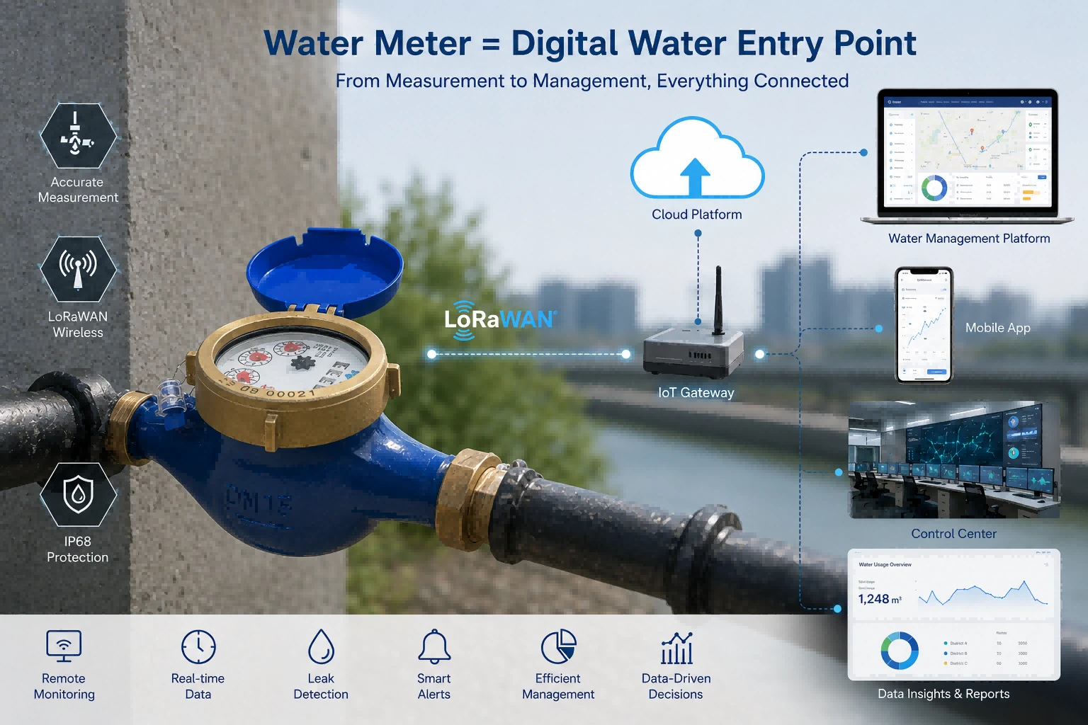 Water meter as digital water entry point - connected to cloud platform, LoRaWAN, mobile app and control center Water meter as digital water entry point - connected to cloud platform, LoRaWAN, mobile app and control center